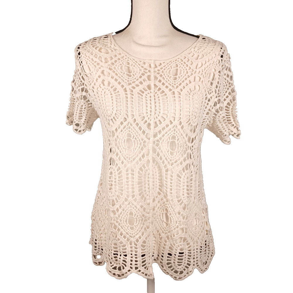 🕊️ Bedford Fair Cream Open Knit Crochet Top Scalloped Ruffle  L